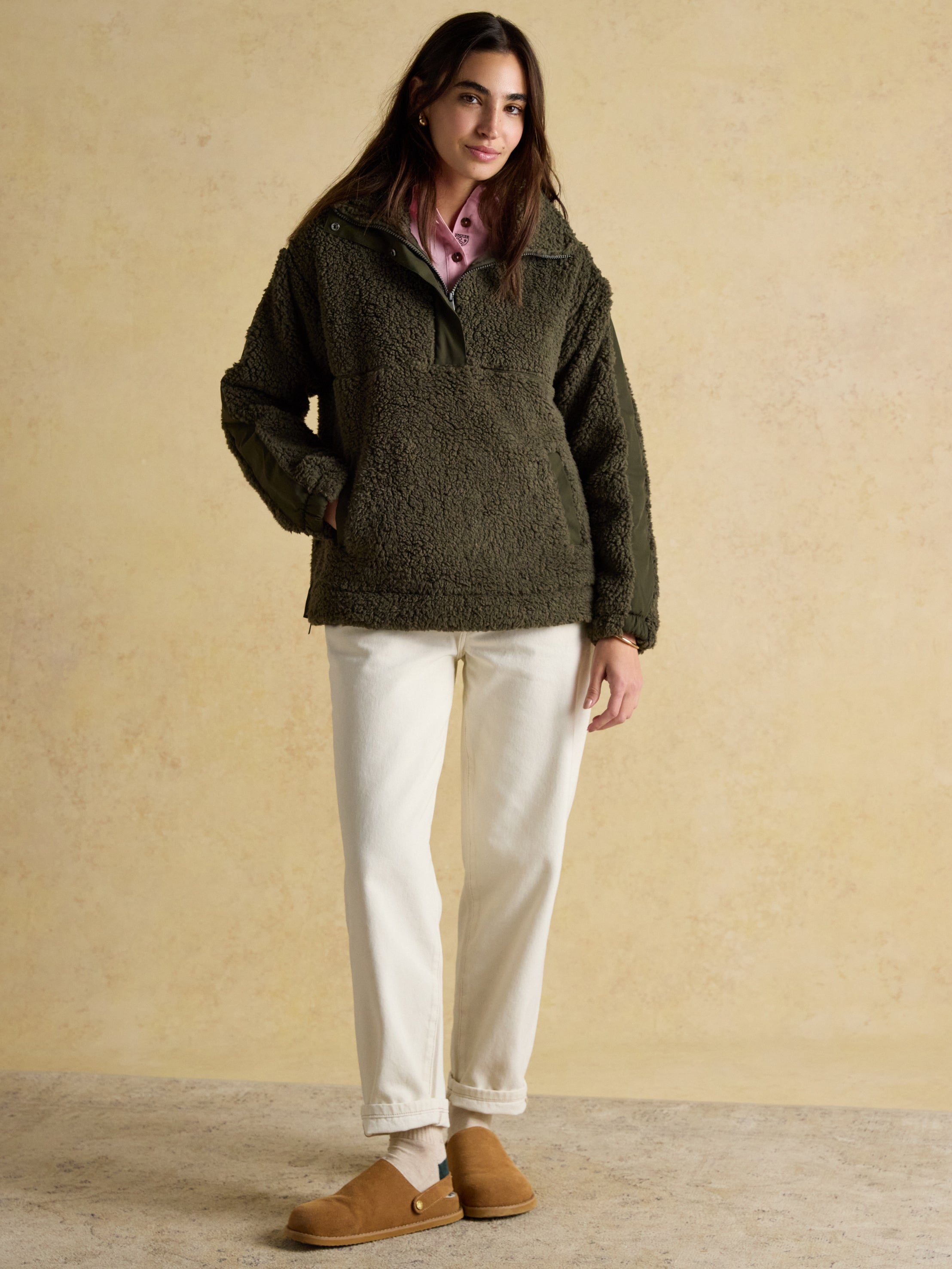 Joules Tilly Quarter Zip Borg Fleece Khaki Green