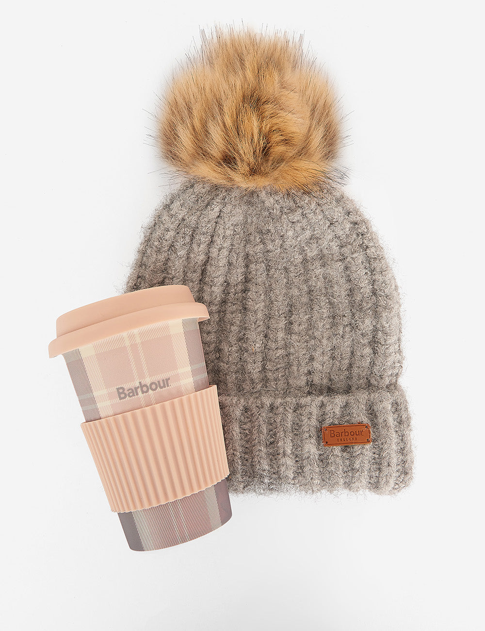 Barbour Travel Mug & Beanie Set - Pink/Grey Tartan