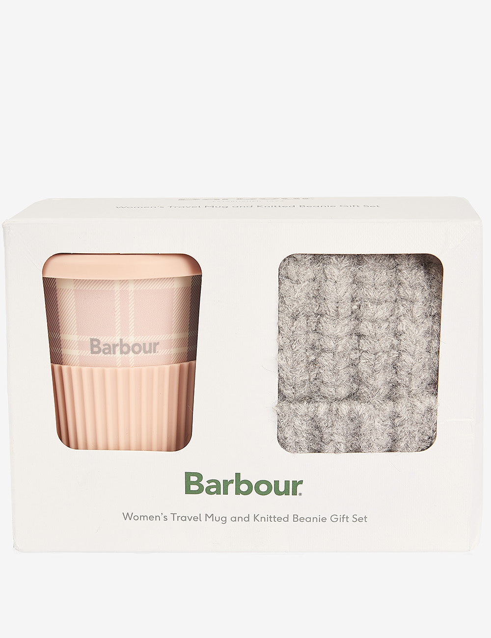 Barbour Travel Mug & Beanie Set - Pink/Grey Tartan