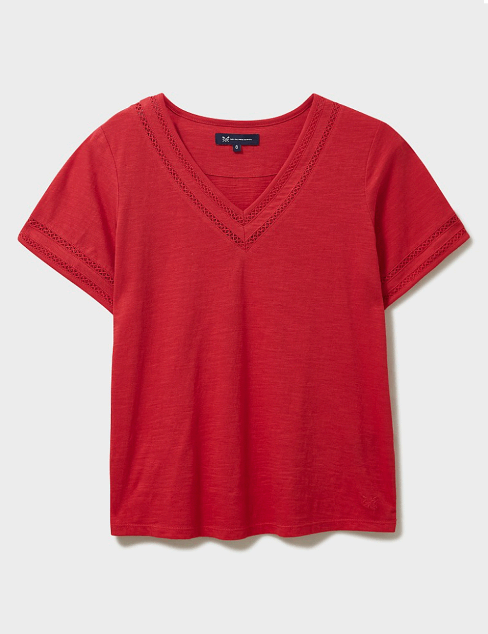 Crew Clothing's Lavendar T-Shirt in Cherry on a grey background