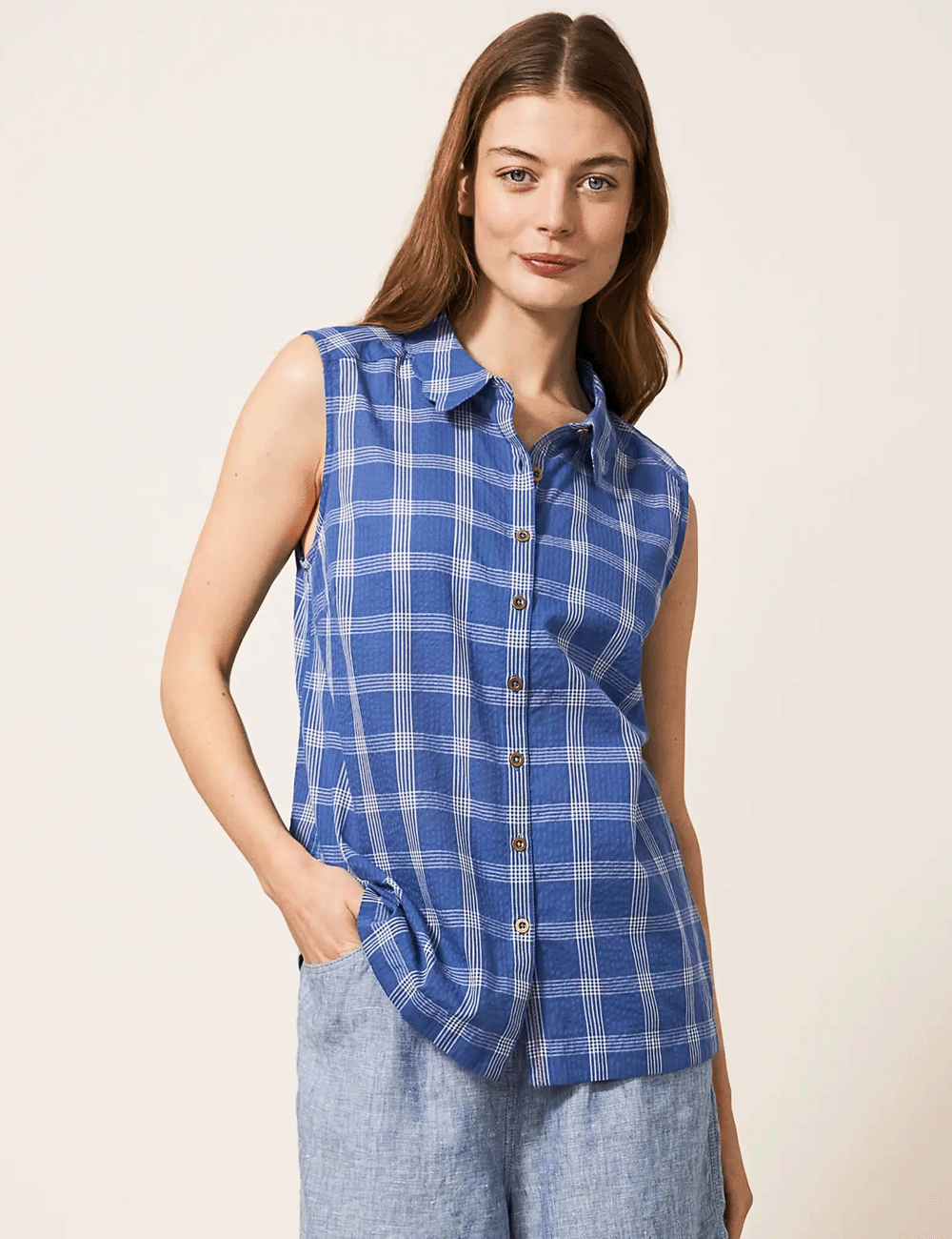 Woman wearing the Lizzie Check Shirt in Blue Multi