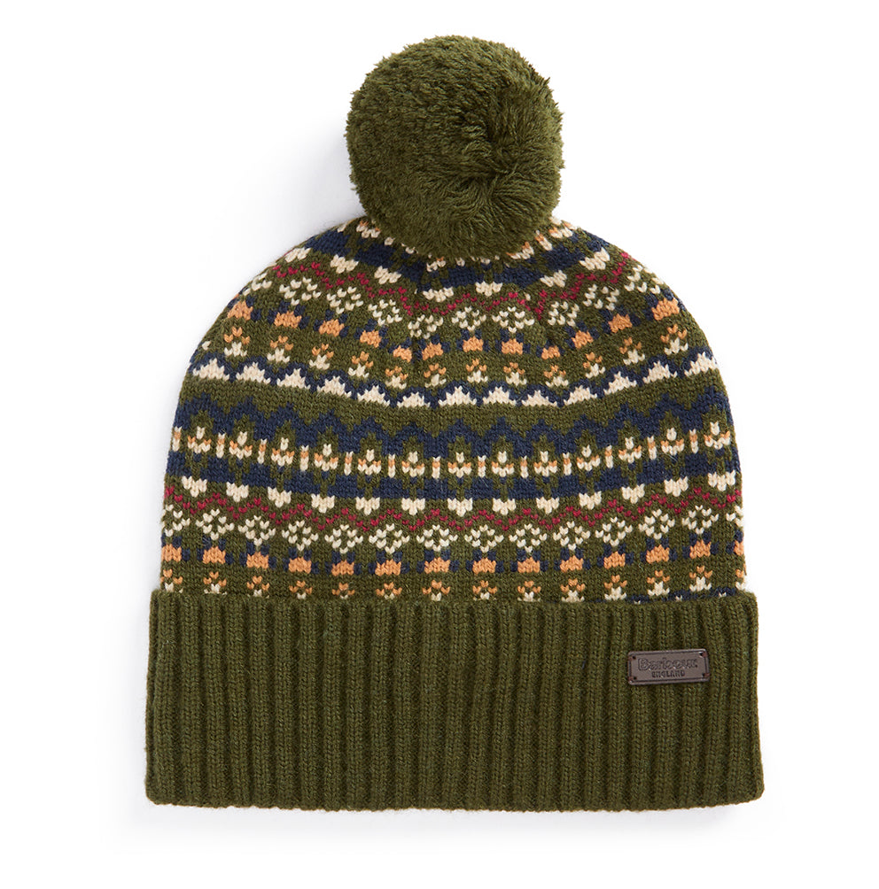 Barbour Marlow Fair Isle Pom Beanie Hat Olive