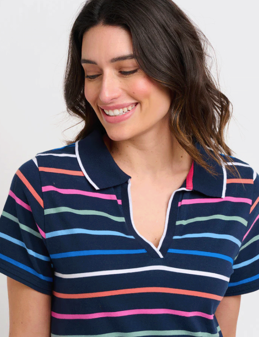Close up at the neckline of woman wearing the Melody Polo Dress