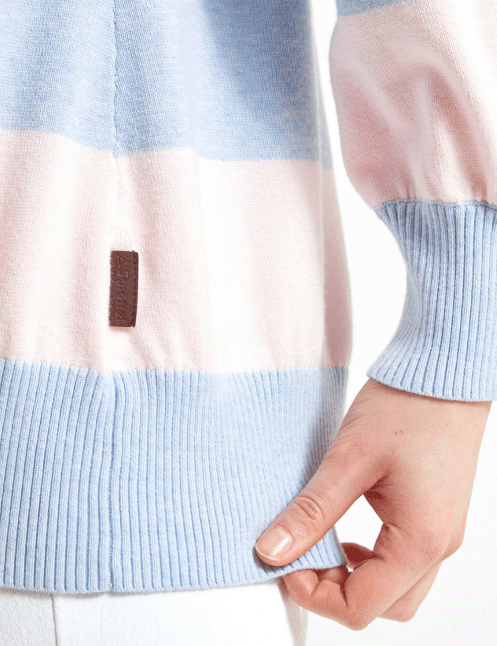 Close up at the hem and cuffs of woman wearing the Roseland Jumper