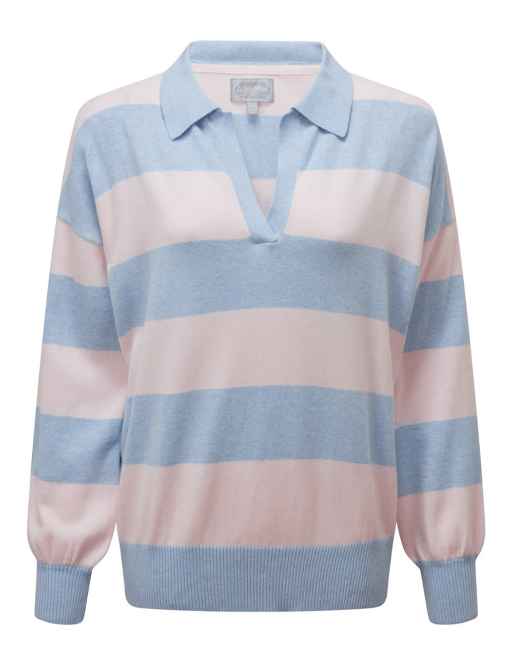 Schoffel's Roseland Jumper in Blush/Pale Blue on a white background