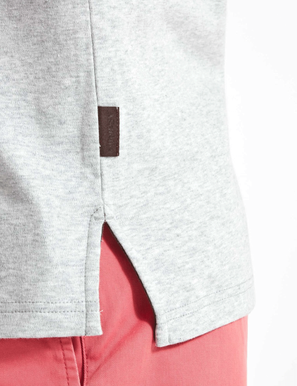 Close up of hem on the St. Ives Polo Shirt in grey
