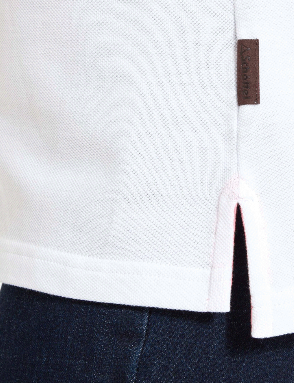 Close up of the Schoffel suede label on the St. Ives Polo Shirt