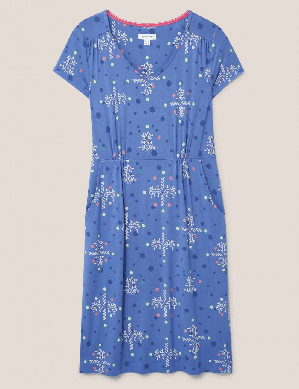 White Stuff's Tallie Jersey Dress in Blue Multi on a grey background