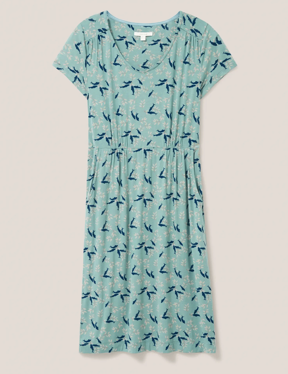White Stuff's Tallie Jersey Dress in Green Multi on a grey background
