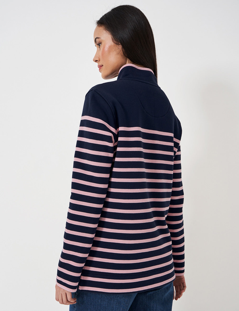 Crew Clothing 1/2 Button Sweatshirt - Dark Navy/Pink Stripe