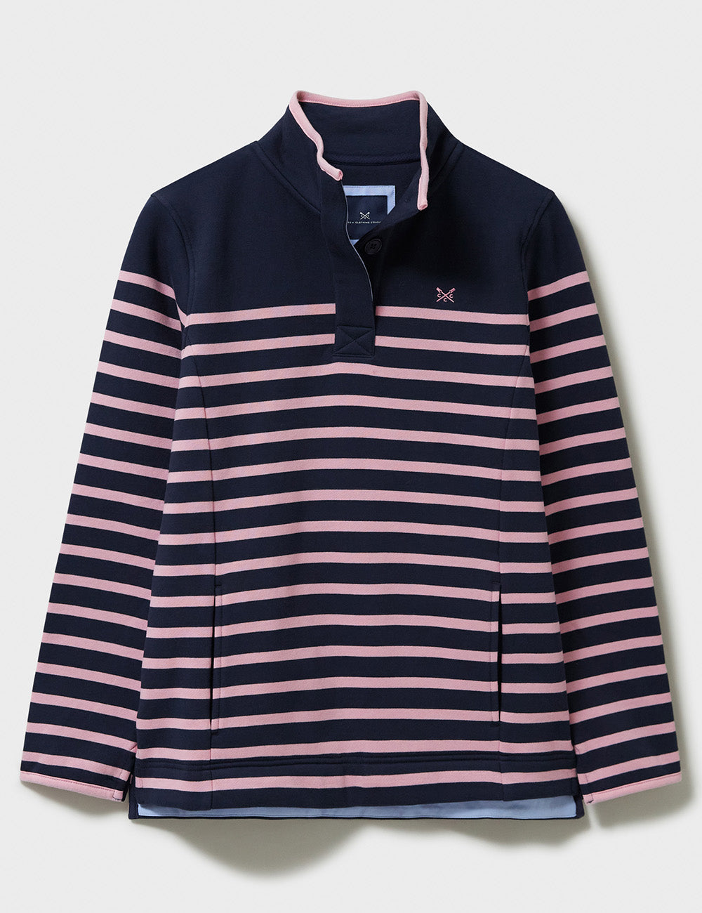 Crew Clothing 1/2 Button Sweatshirt - Dark Navy/Pink Stripe