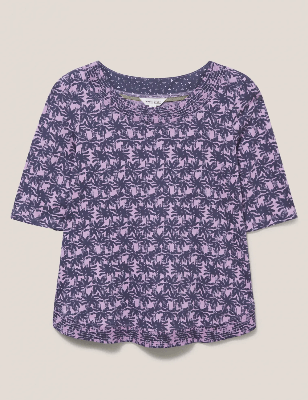 White Stuff's Weaver Jersey T-Shirt in Purple Multi on a grey background