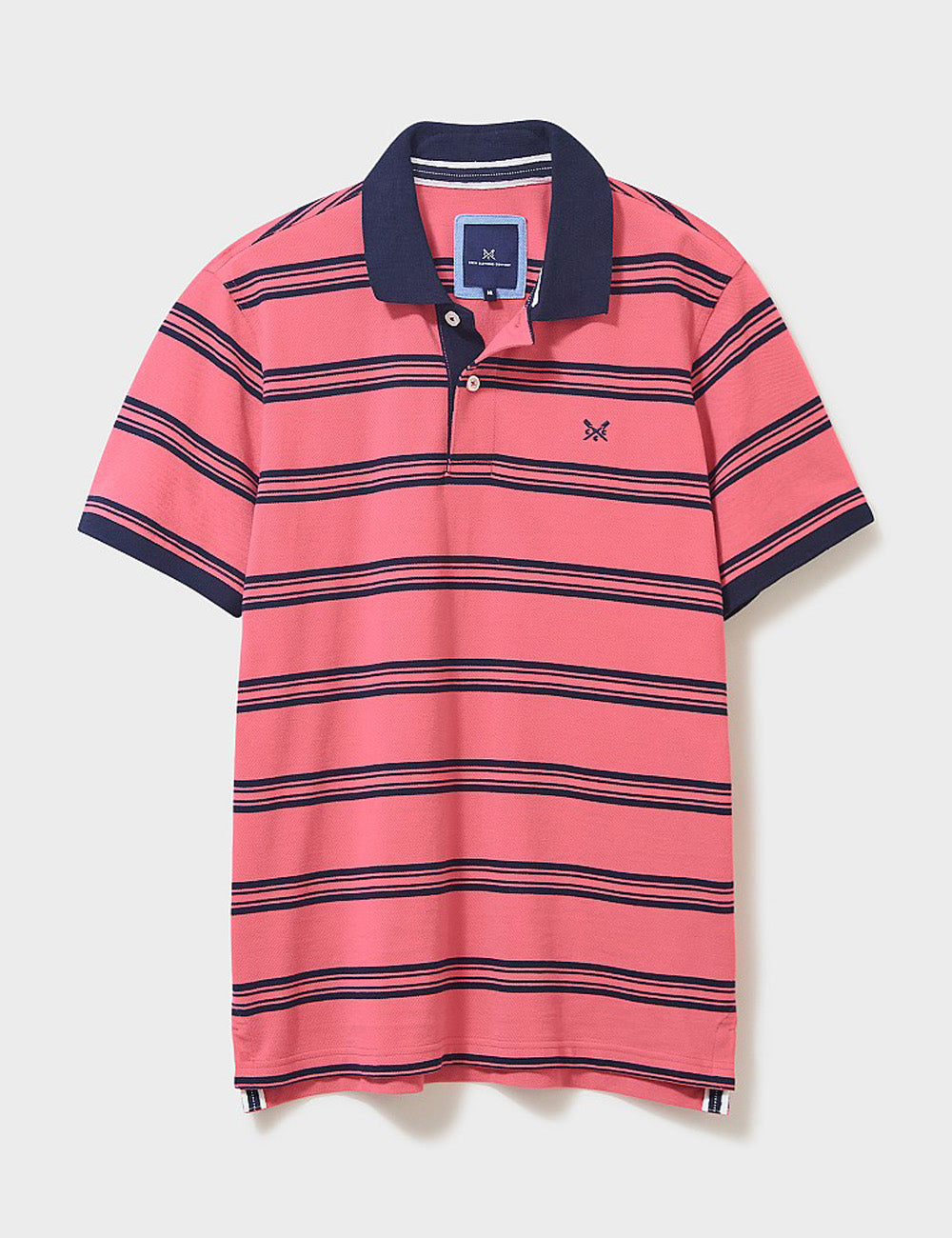 Crew Clothing's Westcott Polo Shirt in Rapture Rose/Navy on a grey background