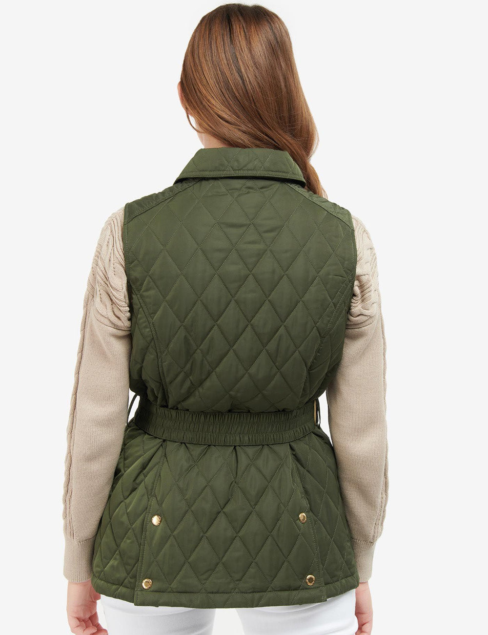 View from the back of woman wearing the Belted Defence Gilet