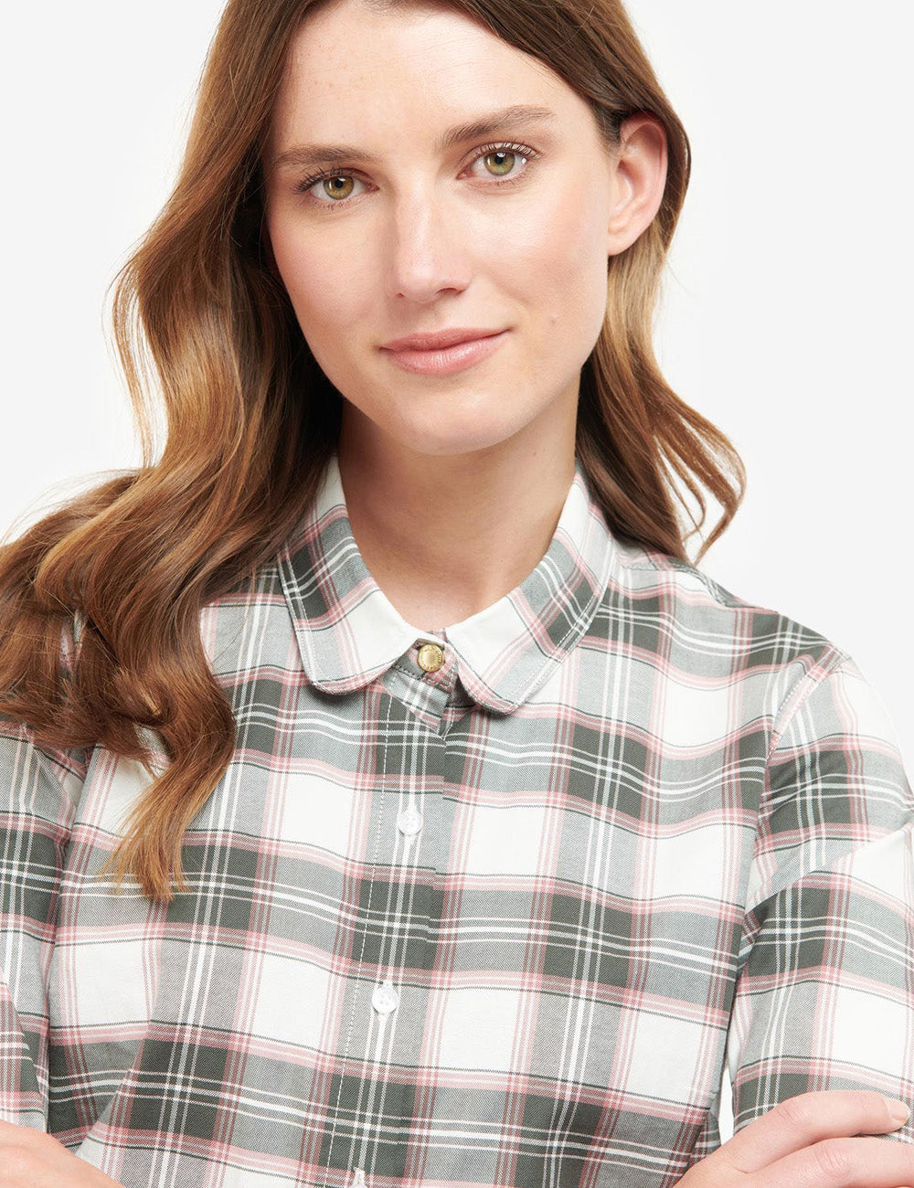 Woman wearing the Daphne Shirt, focusing on the collar
