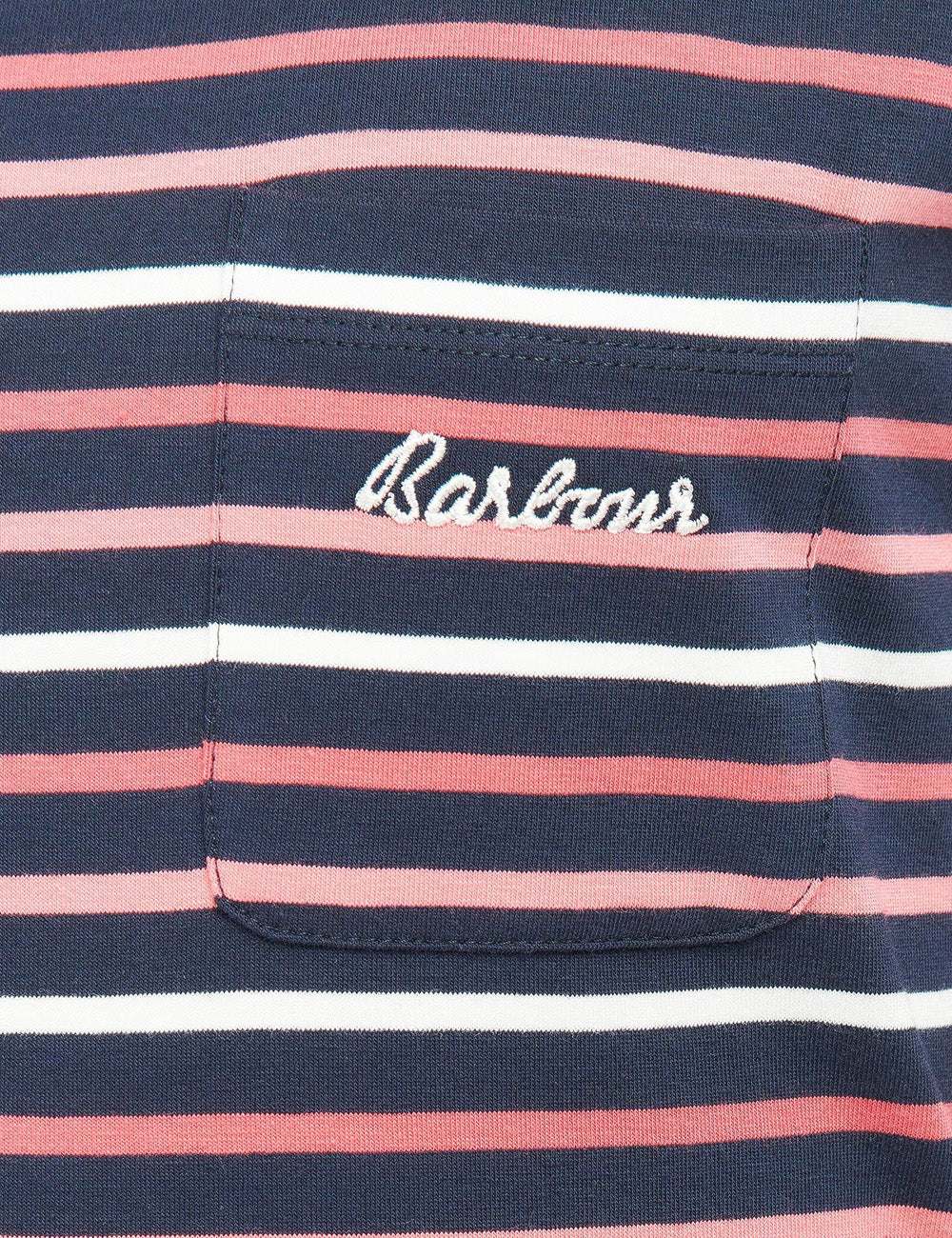 Close up of the Barbour script embroidery on the chest patch pocket of the dress