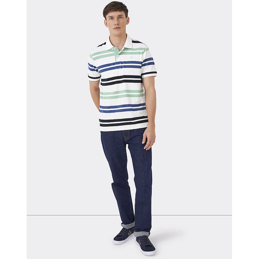 Crew Clothing Worthing Jersey Stripe Polo Shirt- White Blue Green Stripe