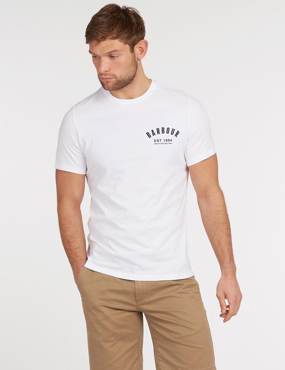 Man wearing Barbour's Preppy T-Shirt in white with beige shorts