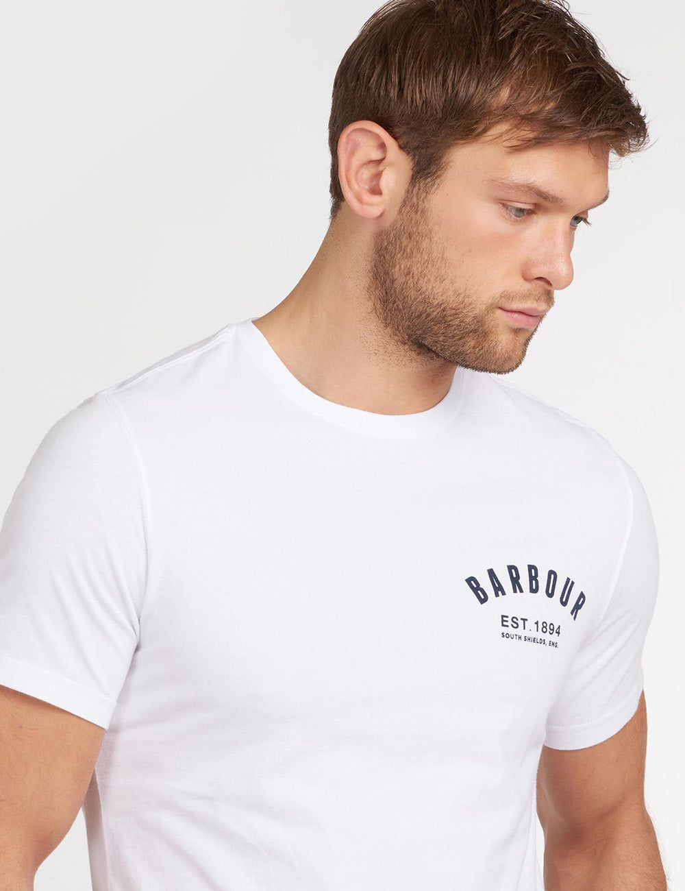 Close up image of man wearing the Preppy T-Shirt, focus on the neckline