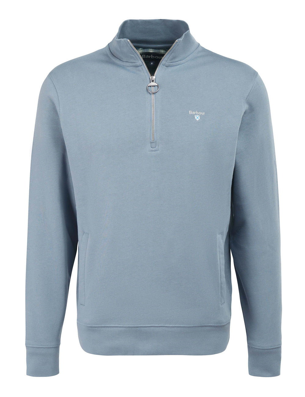 Barbour's Rothley Half Zip Sweatshirt in Washed Blue on a white background